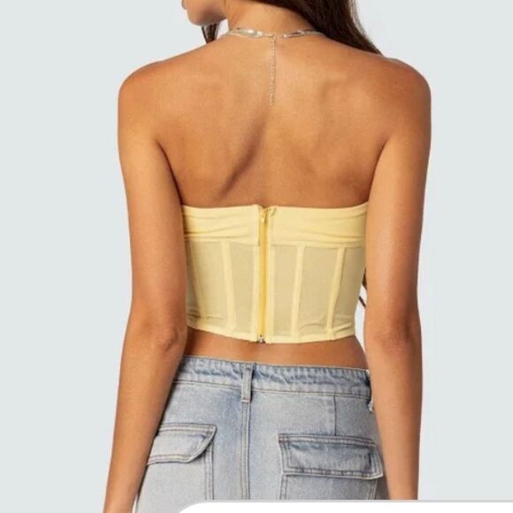 Edikted Women's Evangeline Strapless Mesh Buttercup Yellow Corset Top SZ L - Picture 2 of 10